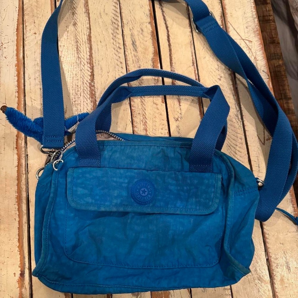 Kipling Blue Crinkle Nylon Crossbody Bag with Monkey Keychain Dual Handle